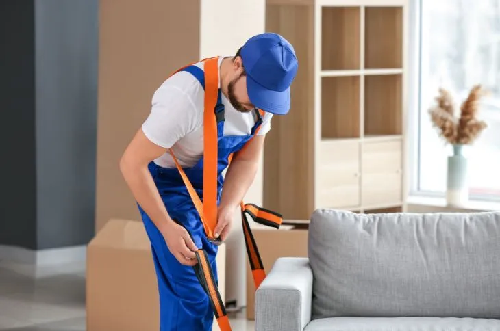 Umzugshelfer legt Tragegurt an Umzugshelfer legt Tragegurt an